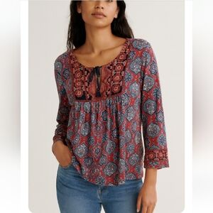 Lucky Brand Red & Blue Boho Print Top – Size Medium